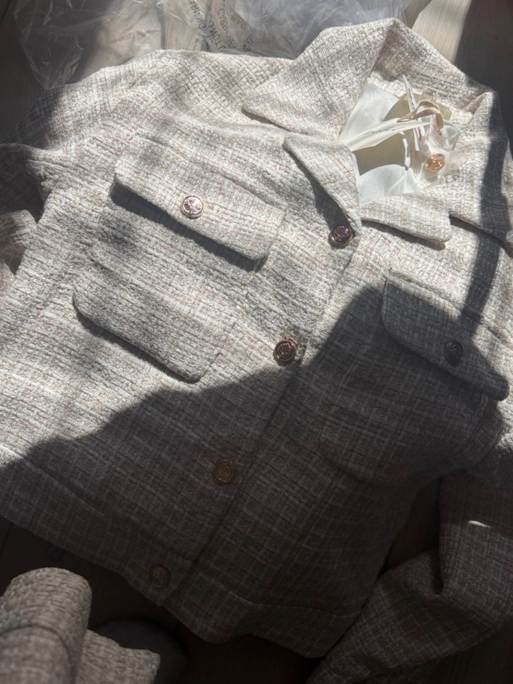 Marled Beige Tweed Shacket Jacket Button Front Collared Women’s blazer - Picture 4 of 4